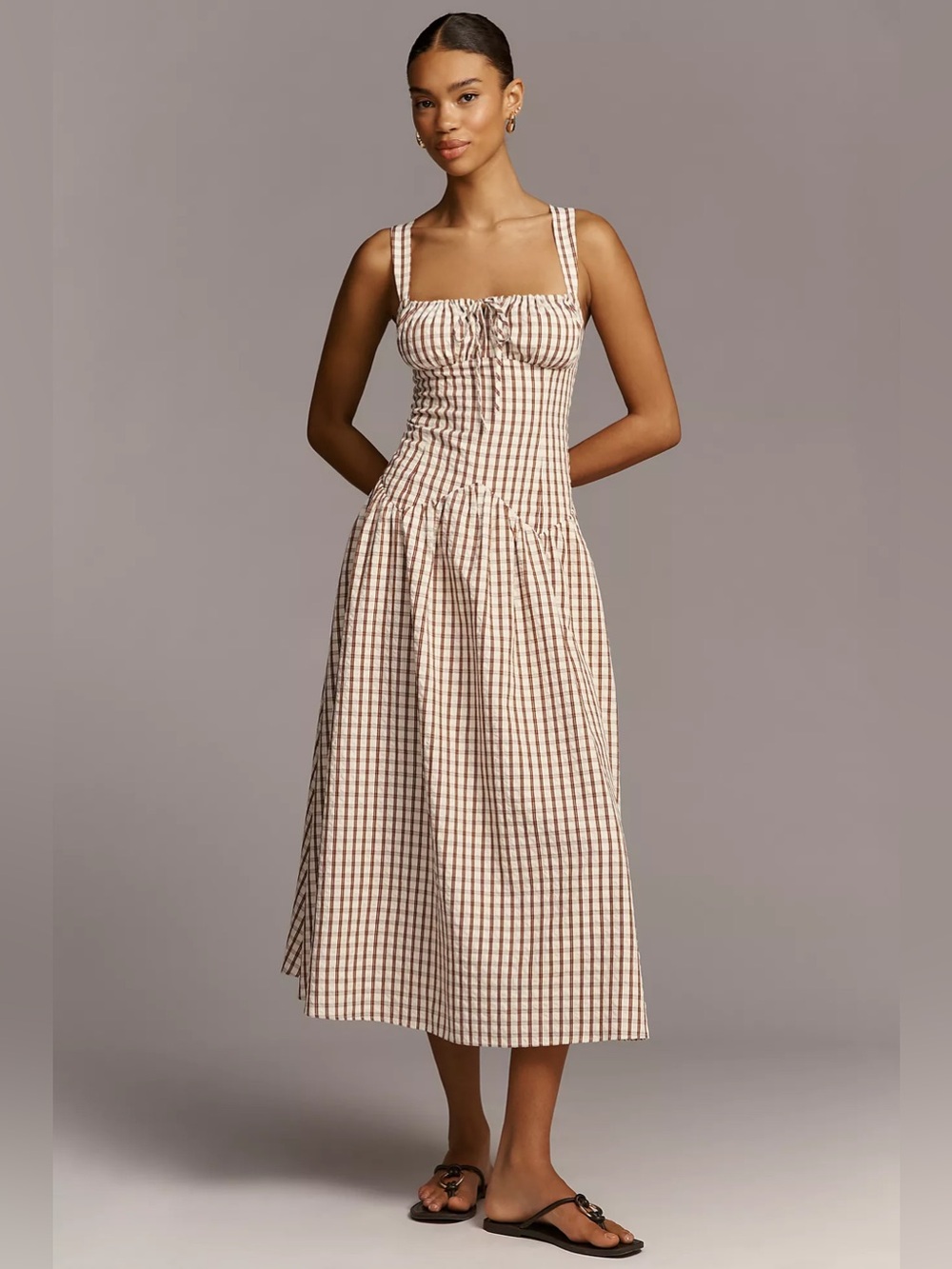 NWT Gingham midi dress Avec Les Filles Ruched Sleeveless Square Neck drop waist